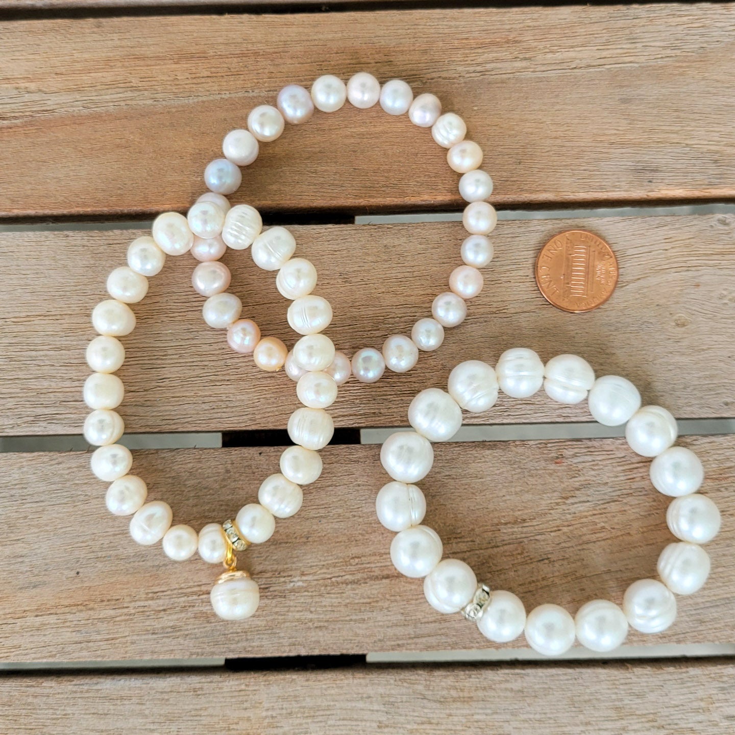 Three freshwater pearl stretch bracelets