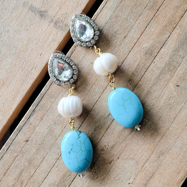 glam-lux rhinestone fw pearls & turquoise earrings