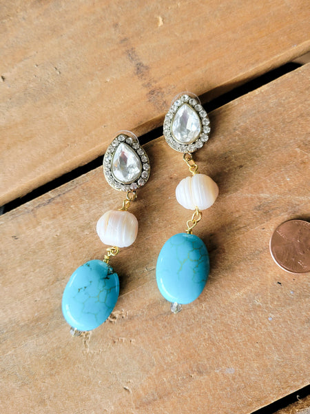 glam-lux rhinestone fw pearls & turquoise earrings