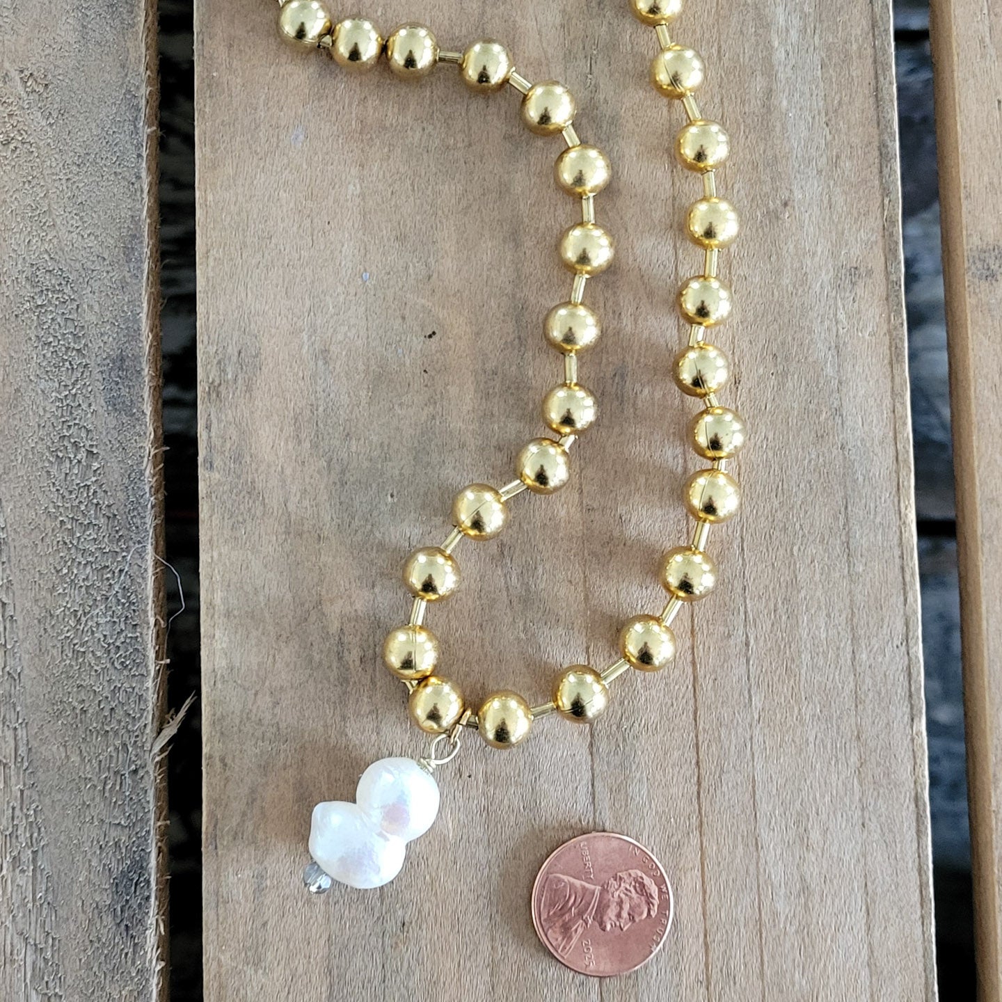 gold-tone ball chain Freshwater peanut pearl pendant necklace