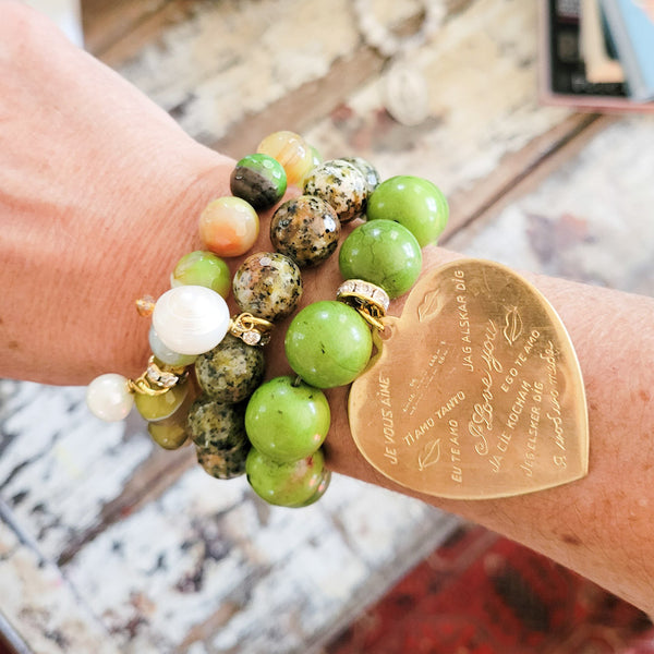 green stack of bead stretch bracelets by Marinella