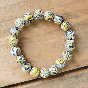 10mm swirled yellow, black & white agate stretch bead bracelet