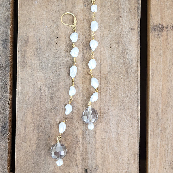 Duster earrings freshwater pearl brass chain Swarovski crystal disco balls 