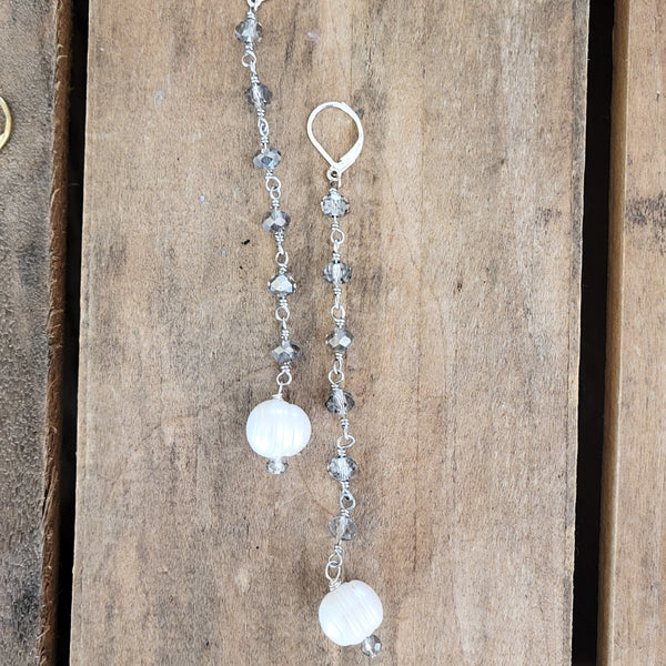 Duster earrings pewter rosary chain freshwater pearls