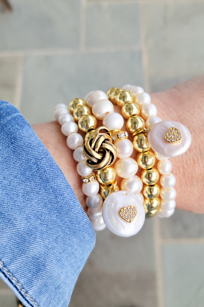 8mm 14kt gold beads rhinestone studded FW Pearl & love knots stretch bracelets