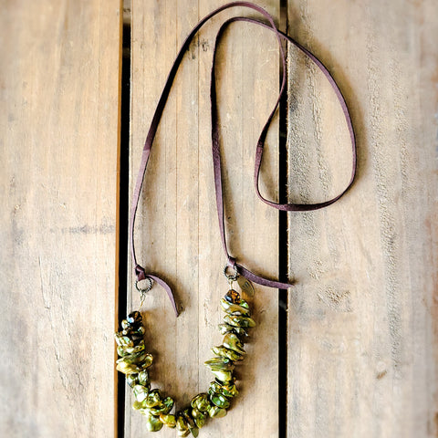 38" long deer leather and 15mm green gold ruffled freshwater pearls necklace