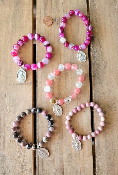 Religious medals pink gemstone bead stretch bracelets