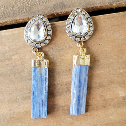 Glamy Lux rhinestone and raw kyanite gemstone earrings