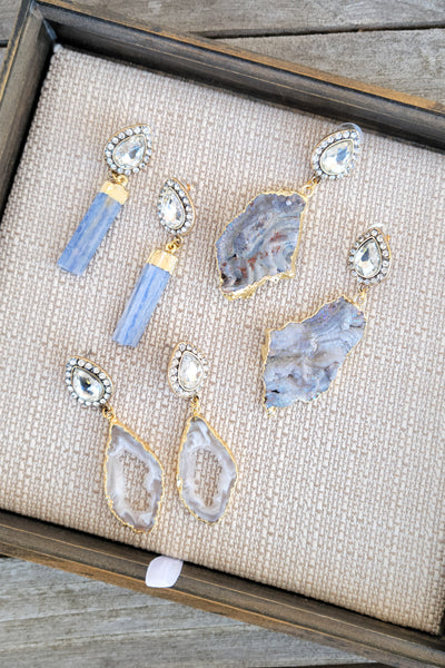 Rhinestone Druzy Agate & Kyanite Blue glam earrings