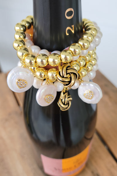 8mm 14kt gold beads rhinestone studded FW Pearl & love knots stretch bracelets