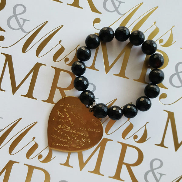 brass XL I Love You heart charm black agate bracelet qsb mr. & mrs.