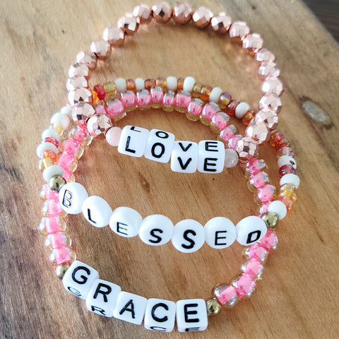 Pinks word stretch bracelets BLESSED GRACE LOVE