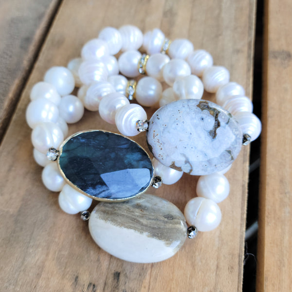 25x35 gemstone slab centers freshwater pearl beads vintage rhinestones stretch bracelets