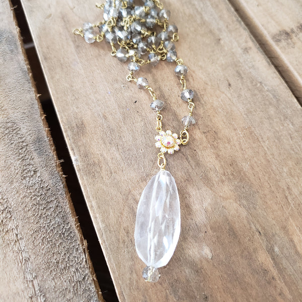 27" long smokey crystal brass rosary chain vintage Swarovski crystal flower 2.5" long crystal quartz pendant necklace