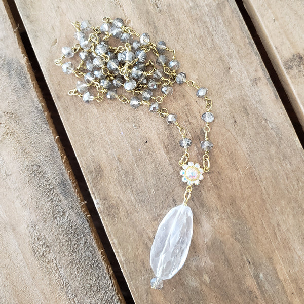 27" long smokey crystal brass rosary chain vintage Swarovski crystal flower 2.5" long crystal quartz pendant necklace