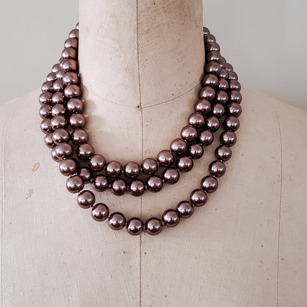 12mm triple layered cashmere brown round glass pearl beads handmade necklace