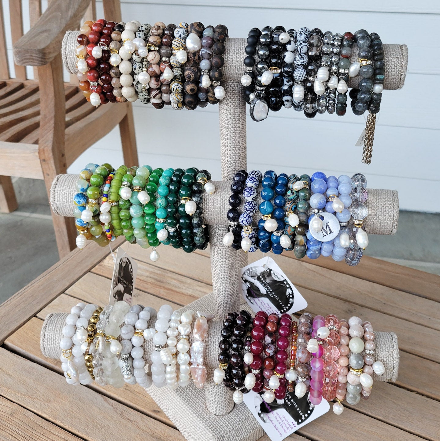 3 tiers of gemstone bead bracelets with FW Pearl charms