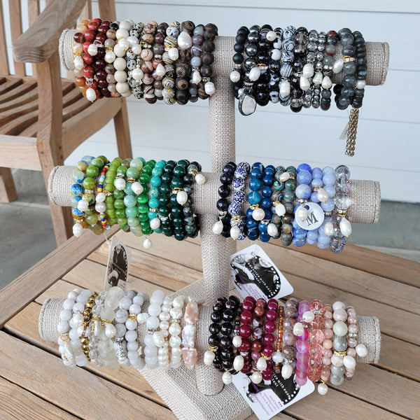 3 tiers of gemstone bead bracelets with FW Pearl charms