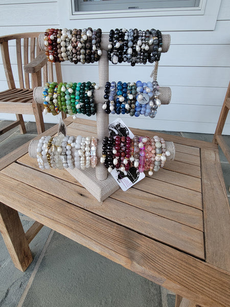 3 tiers of gemstone bead bracelets with FW Pearl charms