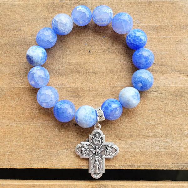 Blue fire 10mm agate beads w 1" 4 way cross stretch bracelet
