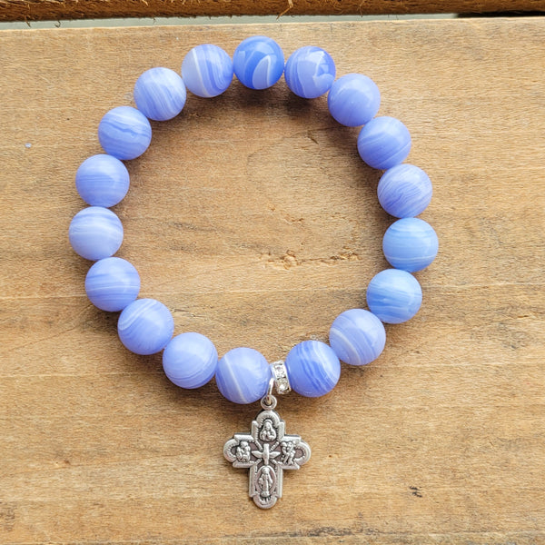 Smooth blue lace 10mm agate beads w .50" 4 way cross stretch bracelet