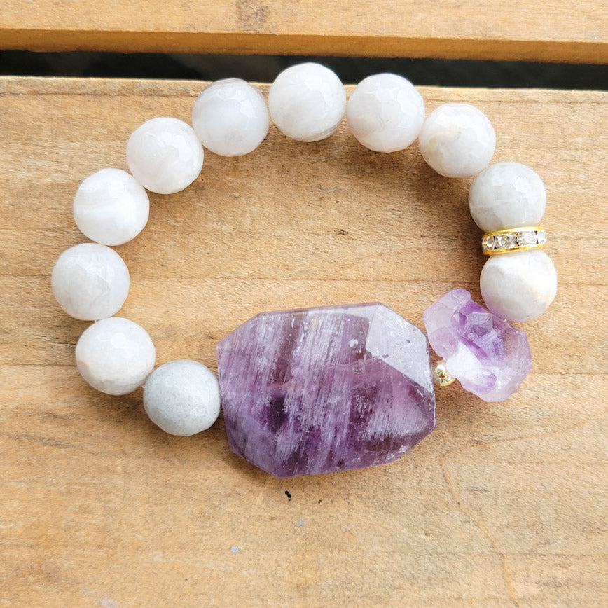 22mm Amethyst gemstone slab & 13mm nugget 12mm agate beads stretch bracelet  unique