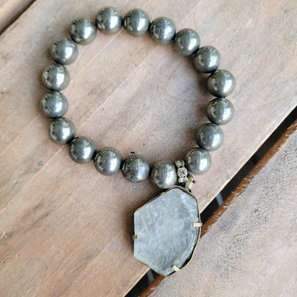 Antique carved Quartz charms; Pyrite semi-precious gemstones beads stretch bracelet