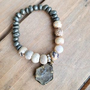 Antique dragon carved Quartz charms; Mixed semi-precious gemstones beads stretch bracelet