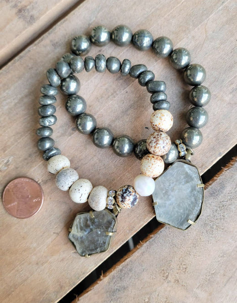 Antique carved Quartz charms; Semi-precious gemstones unusual stretch bracelets