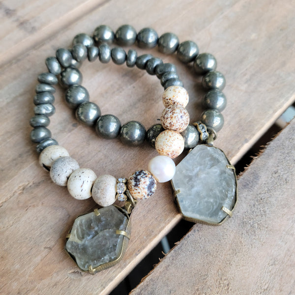 Antique carved Quartz charms; Semi-precious gemstones unusual stretch bracelets