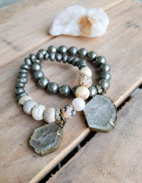 Antique carved Quartz charms; Semi-precious gemstones unusual stretch bracelets