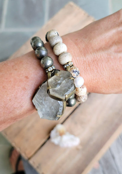 Antique carved Quartz charms; Semi-precious gemstones unusual stretch bracelets