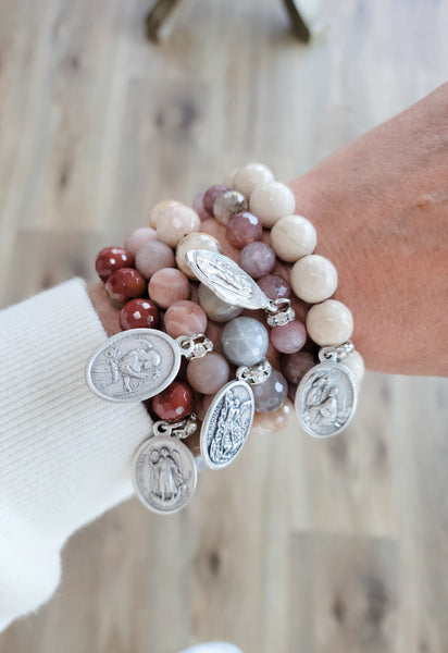 religious saint medals gemstone beads stretch bracelets