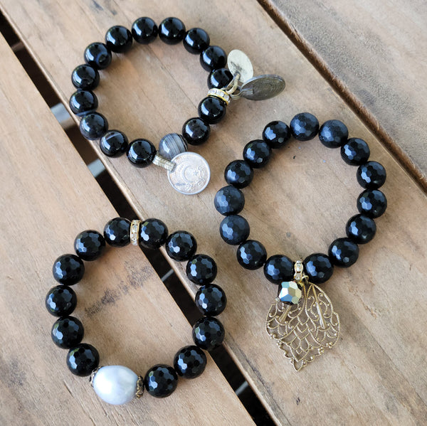 black agate 12mm gemstone bead stretch bracelets with vintage details