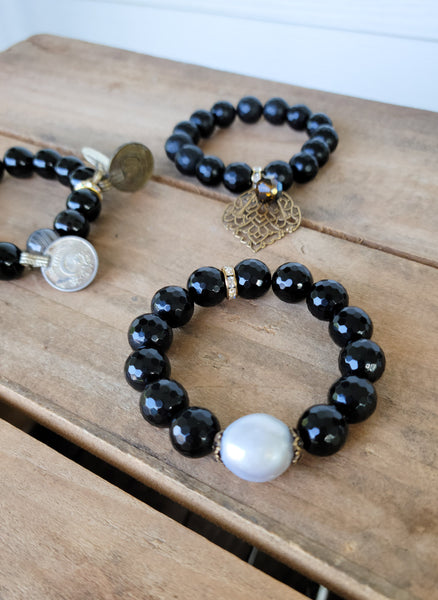 black agate 12mm gemstone bead stretch bracelets with vintage details