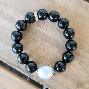12mm shiny black agate beads grey freshwater pearl vtg details stretch bracelet