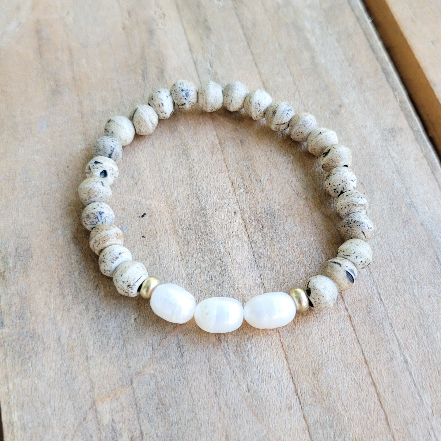 6mm bone beads & freshwater pearls coastal collection stretch bracelet