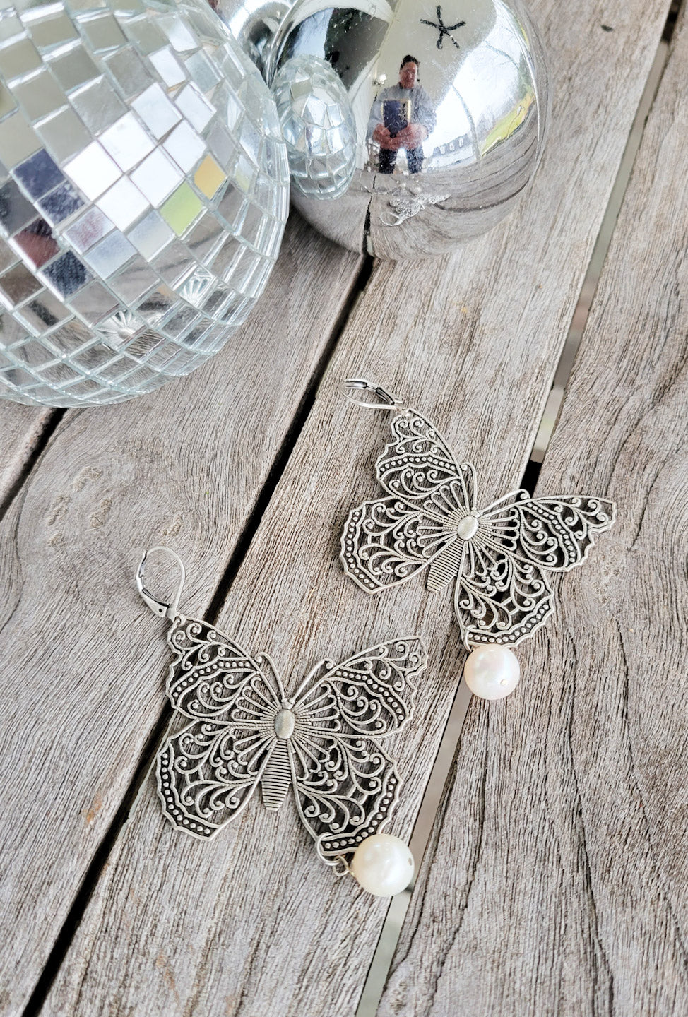 3" oxidized silver filigree butterfly freshwater pearl earrings
