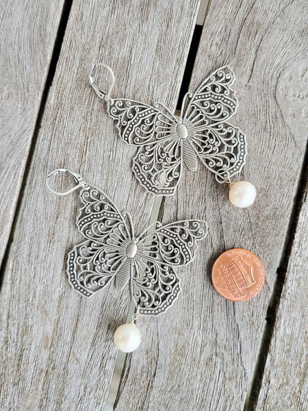 3" oxidized silver filigree butterfly freshwater pearl earrings