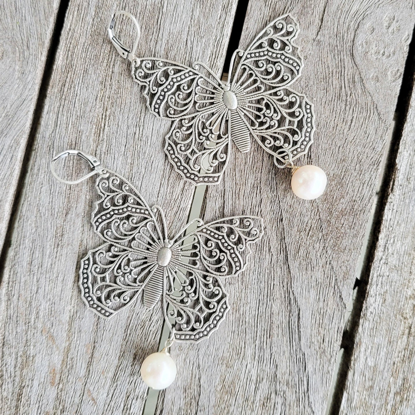 3" oxidized silver filigree butterfly freshwater pearl earrings