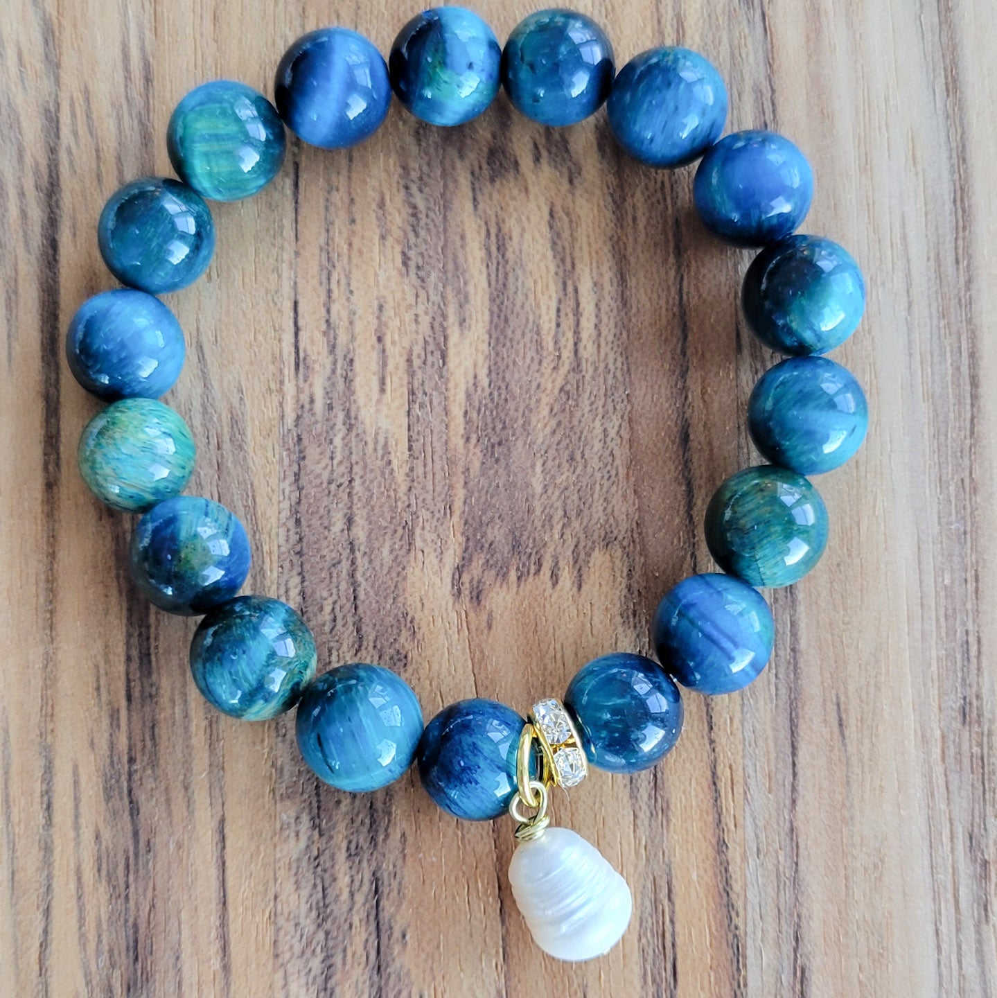 Coastal Blue dappled agate freshwater pearls stretch bracelet