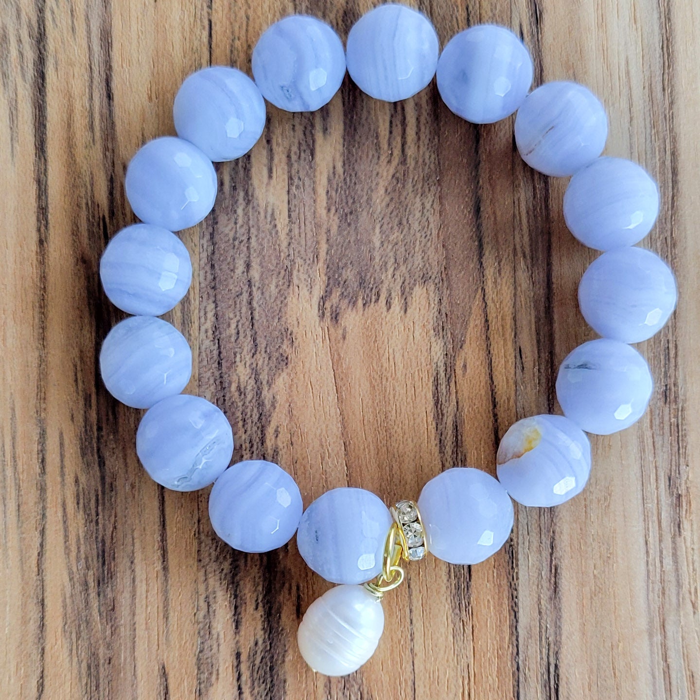 Coastal Blue lace agate freshwater pearls stretch bracelet