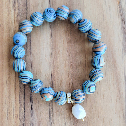 Coastal Blue striped agate freshwater pearls stretch bracelet
