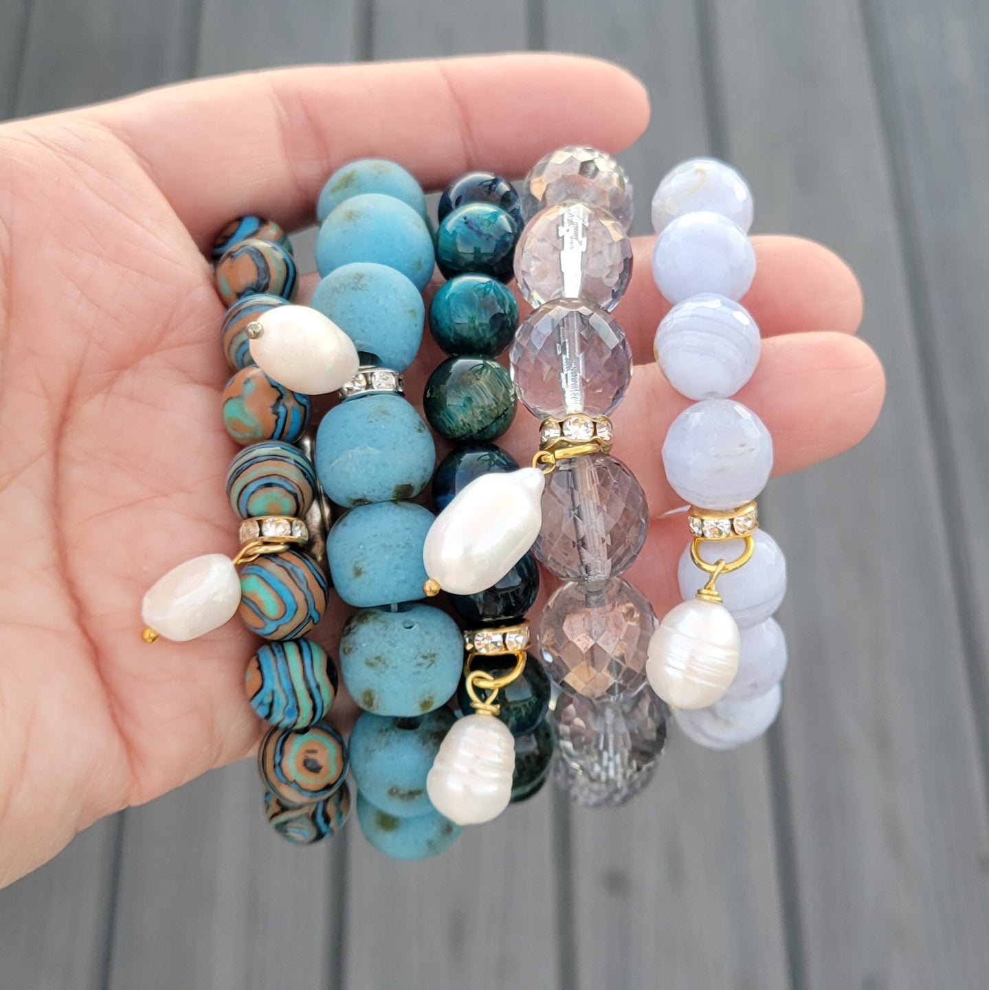 Coastal Blues gemstone beads freshwater pearls stretch bracelets