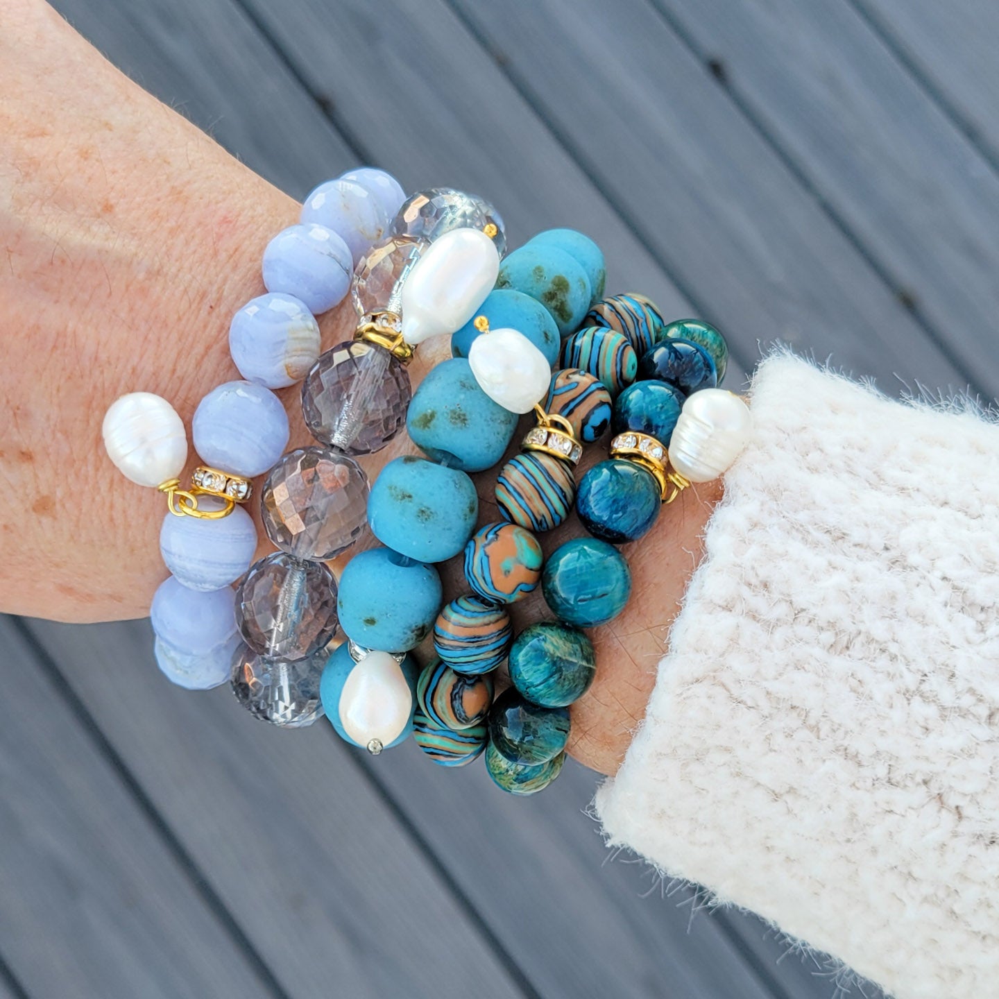 Coastal Blues gemstone beads freshwater pearls stretch bracelets