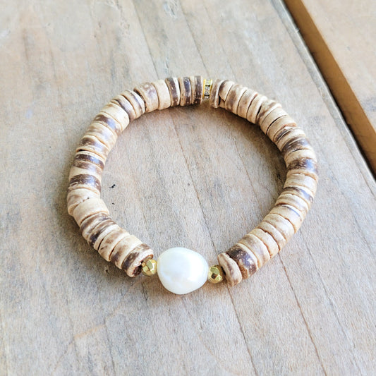 8mm coconut beads & freshwater pearl coastal collection stretch bracelet