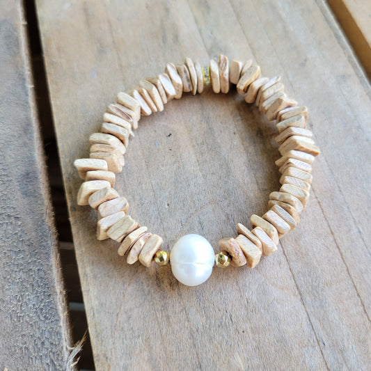8mm coconut beads & freshwater pearl coastal collection stretch bracelet
