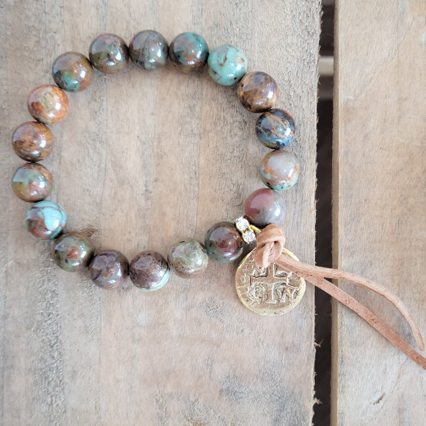 picture jasper genstone beads gold tone cross coin leather tassel stretch bracelet