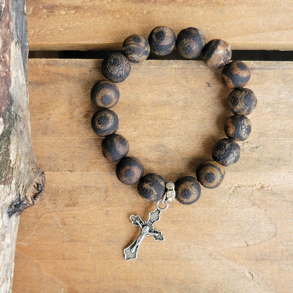 12mm black brown rough agate beads stretch bracelet w 1" crucifix