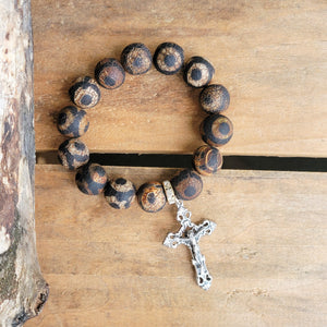 14mm black brown rough agate beads stretch bracelet w 2" crucifix